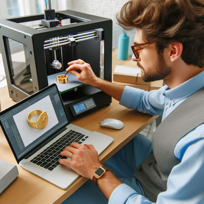  یک مهندس پرینت سه بعدی که درحال طراحی سه بعدی جواهرات در لپ تاپ است و یک پرینتر نیز در کنار آن درحال چاپ سه بعدی قالب مدل یک انگشتر طلا است. 
