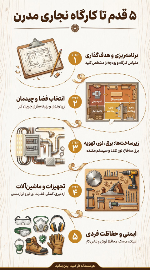 اتصالات |ایمنی |ماشین آلات اینفوگرافیک تجهیز کارگاه نجاری